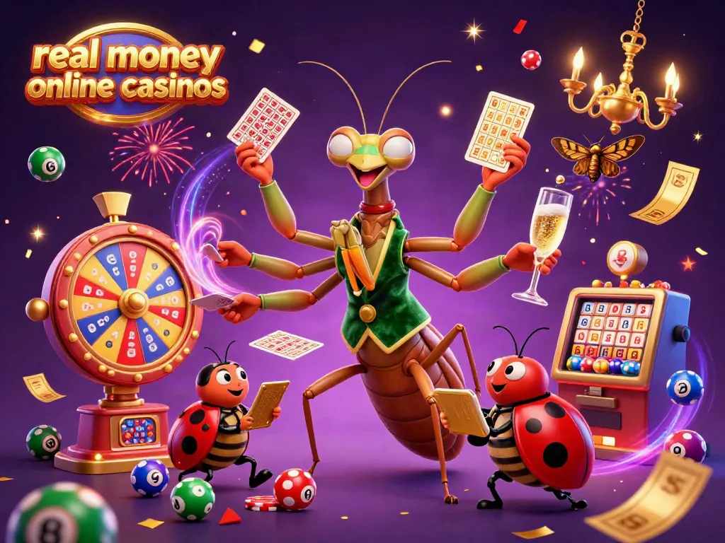 Engaging 3D scene illustrating real money online casinos with characters like a card sharp mantis and pit boss ladybug.
