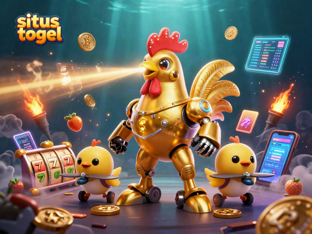 Situs togel dengan robot ayam emas futuristik mengukir pola emas sambil dikelilingi simbol jackpot dan koin kripto.