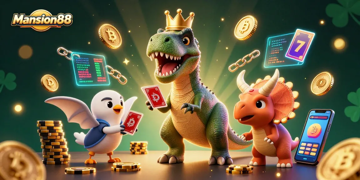 Experience the thrill of Mansion88 with a playful T-Rex, pterodactyl, and triceratops amidst animated casino action.
