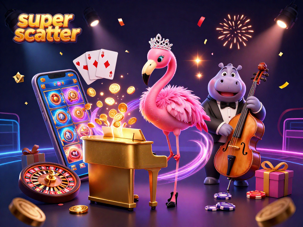 Experience super scatter excitement with vibrant slot game scenes and lively characters in a casino atmosphere.