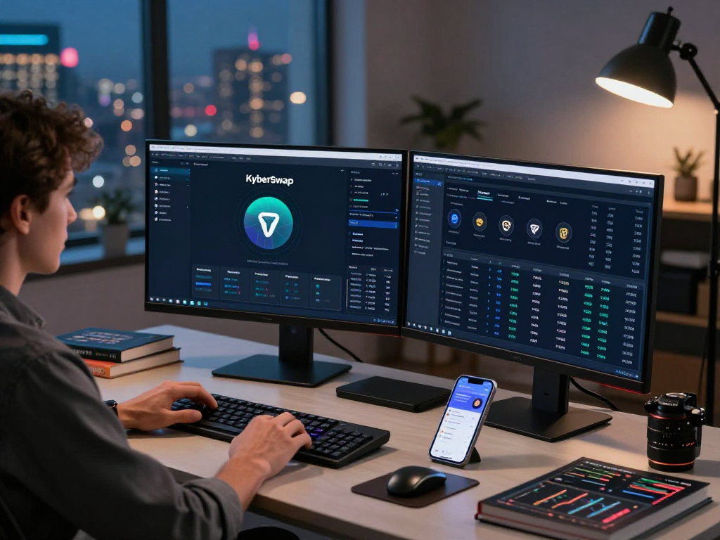 Person using kyber-swap platform in a modern trading environment with multiple screens, reflecting cryptocurrency transactions.