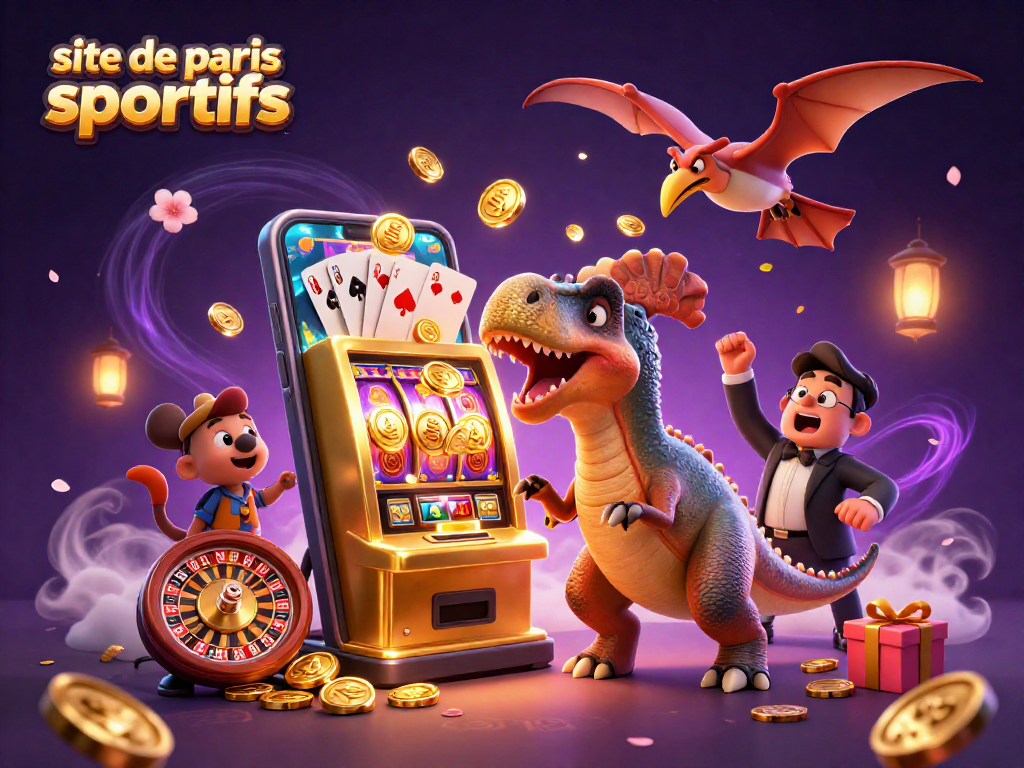 Placez vos paris sur le site de paris sportifs avec des personnages cartoon et une machine à sous en action.