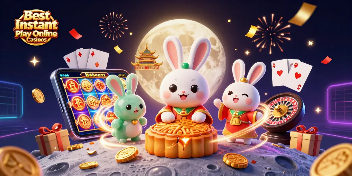 Experience excitement at Best Instant Play Online Casinos with animated moon rabbits revealing poker chips amidst festive gaming elements.