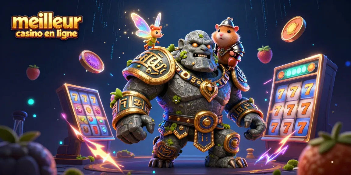 Jouer au meilleur casino en ligne avec un gardien golem et des symboles de machines à sous entraînants.