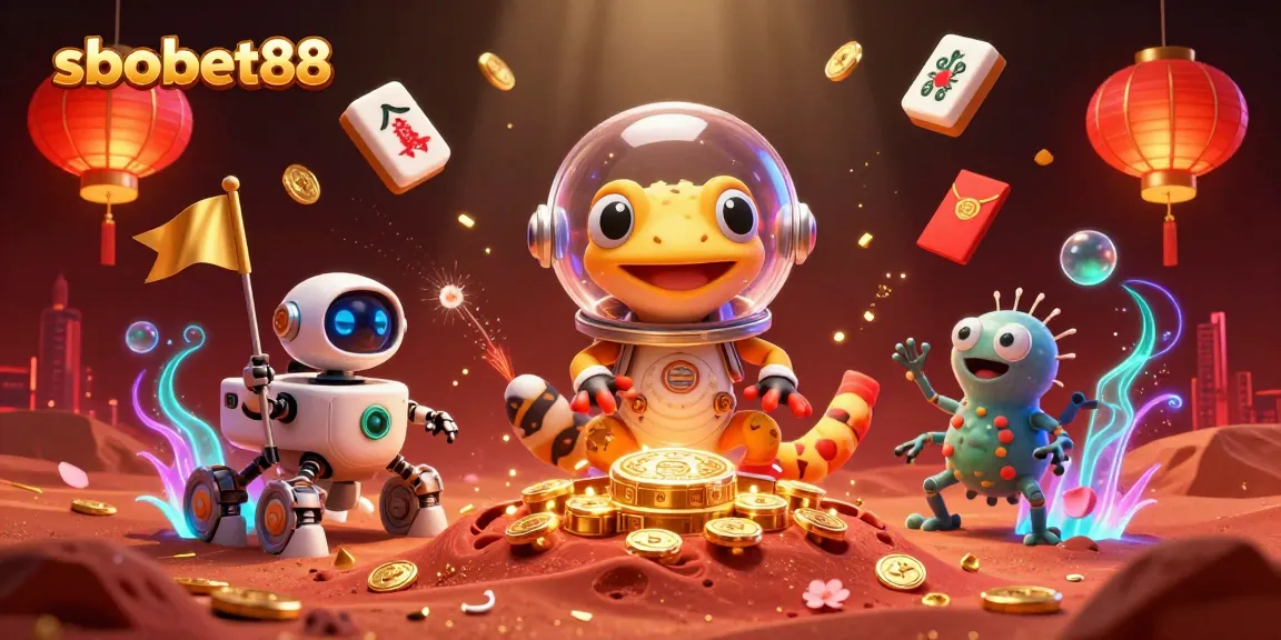 Engage with sbobet88 as a Martian gecko discovers a golden casino, amidst a celebration of winning.
