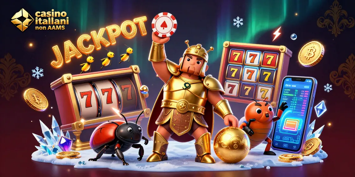 Cattura l'emozione nei casinò italiani non AAMS con un coleottero erculeo trionfante, simboli di jackpot e criptovalute scintillanti.