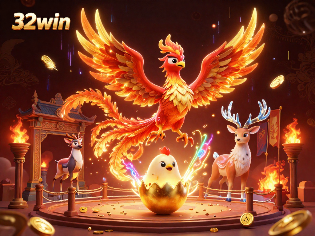 Experience thrilling gameplay at 32win with a fiery phoenix and mystical stag in an enchanting casino scene.