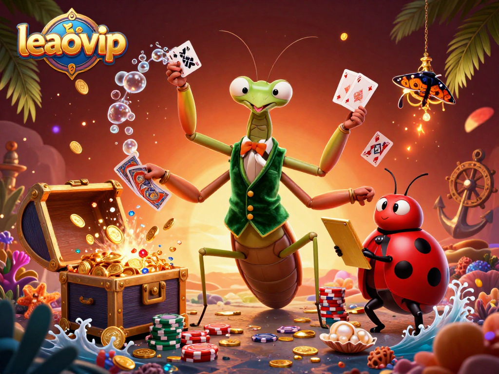 Join the thrilling action at leaovip as a giant praying mantis card sharp and ladybug pit boss create a vibrant casino atmosphere.