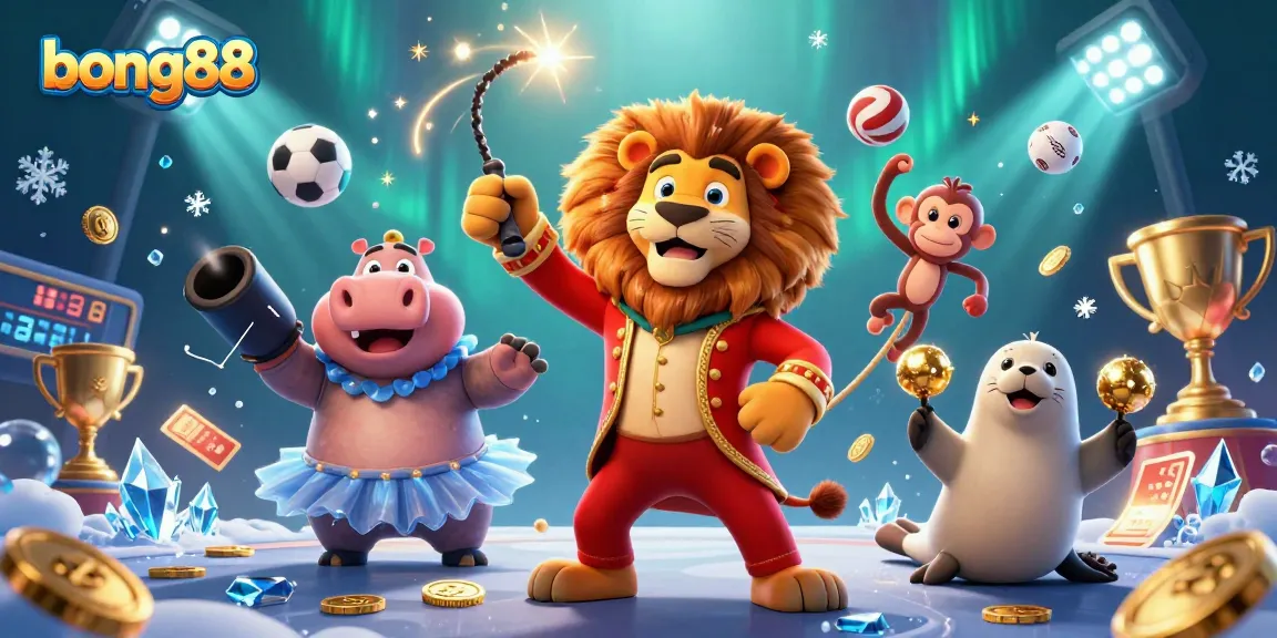 bong88 showcases a vibrant casino atmosphere with characters, trophies, and sports elements for thrilling betting