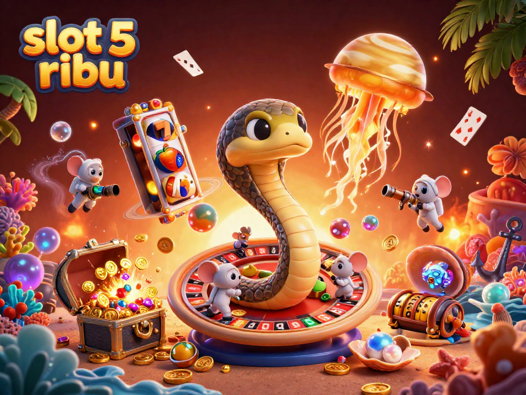 Engaging scene showcasing slot 5 ribu where cartoon characters interact in a vibrant online casino environment filled with slots and treasures.