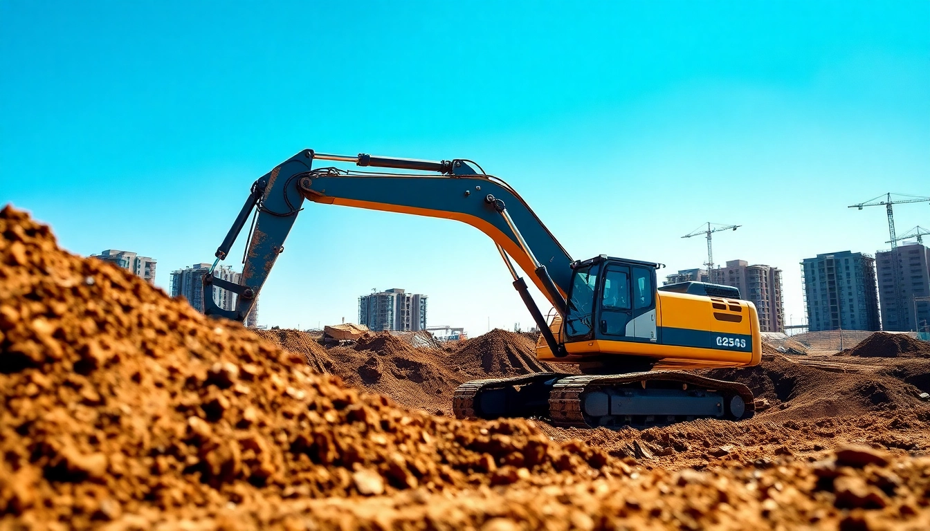 Excavator digging at a construction site showcasing its robust design and earthmoving capabilities.