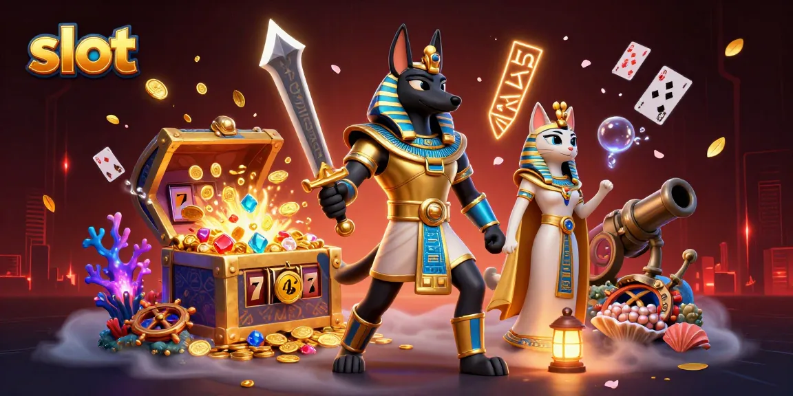 Slot yang dinamis dengan karakter Anubis, slot reel, dan harta karun emas di bawah laut.