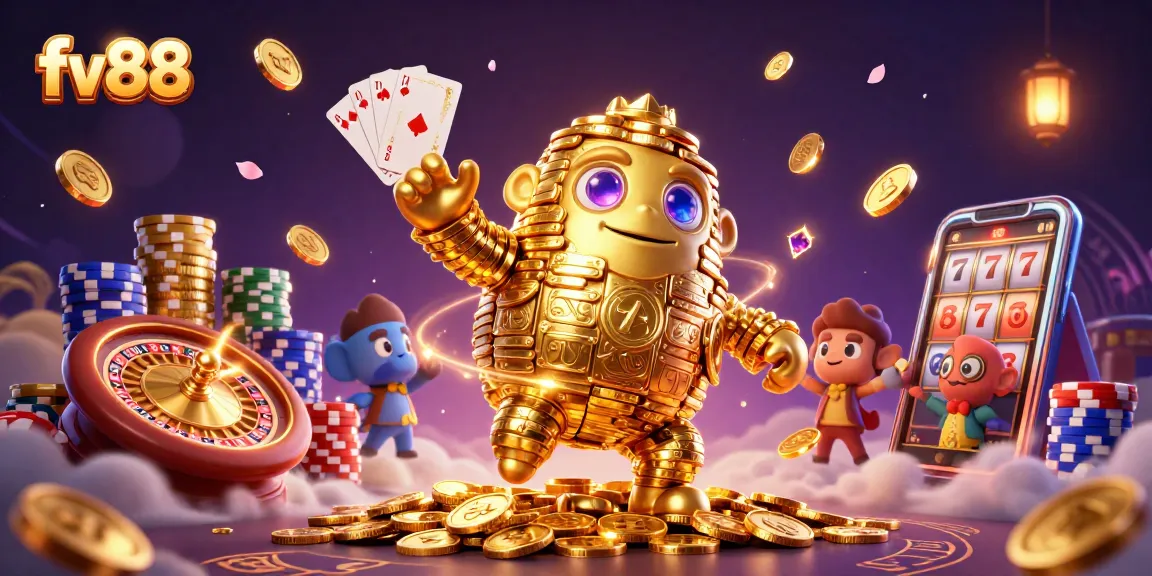 Experience FV88 with a 3D golden golem amid casino excitement, coins, cards, and lucky slots.