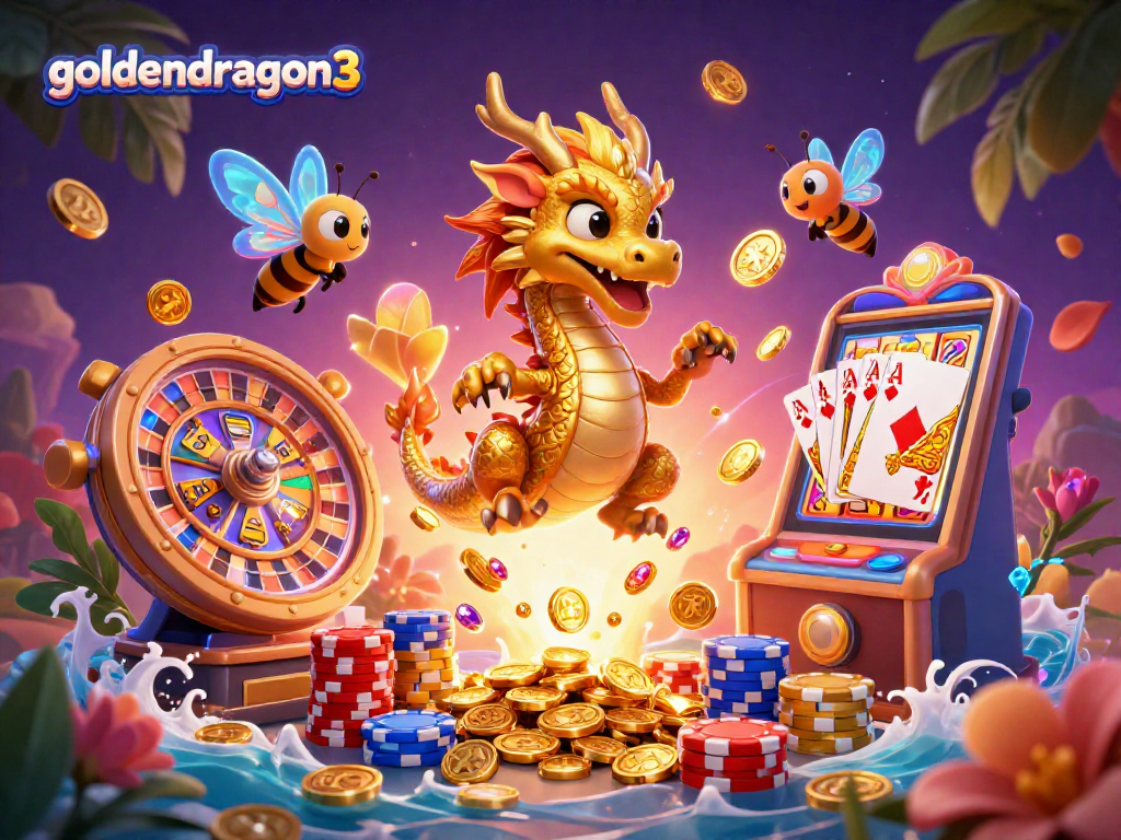 Experience goldendragon3 with a vibrant slot machine scene featuring a golden dragon, golden coins, and poker chips!