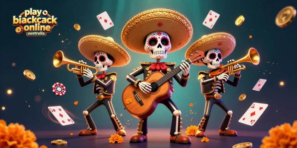 Play blackjack online Australia with exciting 3D visuals of a mariachi band in a vibrant casino scene.