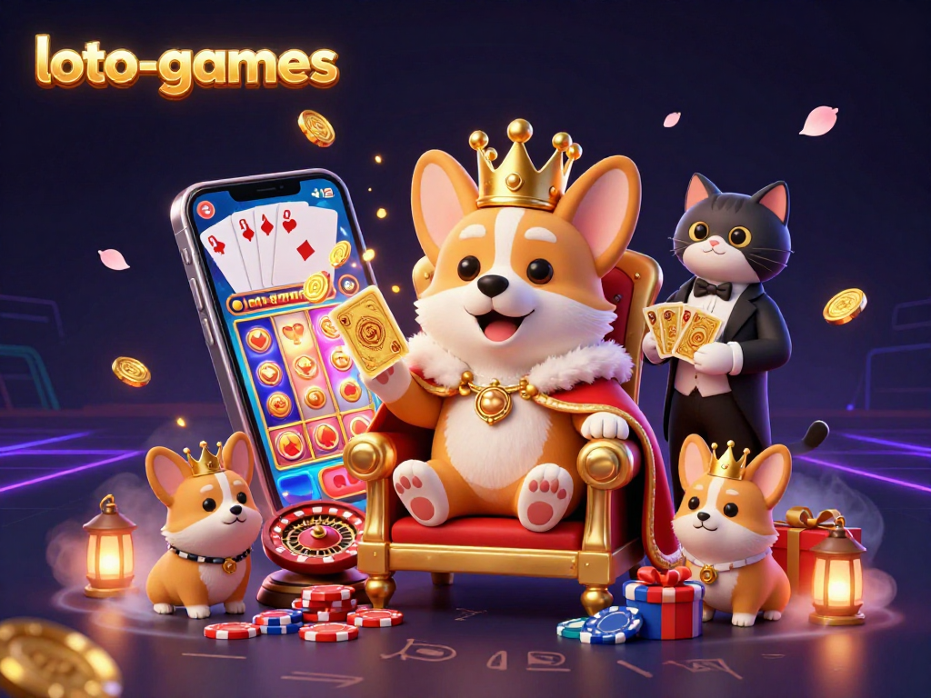 Engage with loto-games as a royal corgi presides over a vibrant casino scene filled with enchanting game elements.