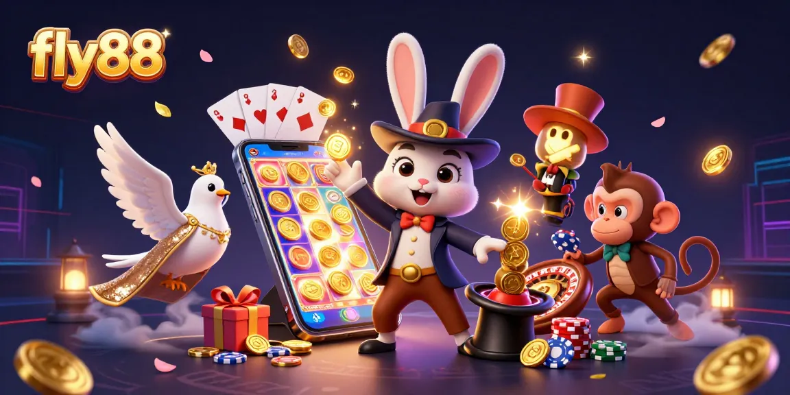 Engage in thrilling gameplay at fly88 with a vibrant scene of 3D characters and casino elements.