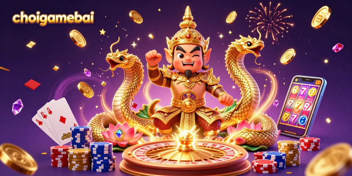 Experience thrilling wins with choigamebai as the guardian and Naga serpents celebrate in a dynamic casino scene.