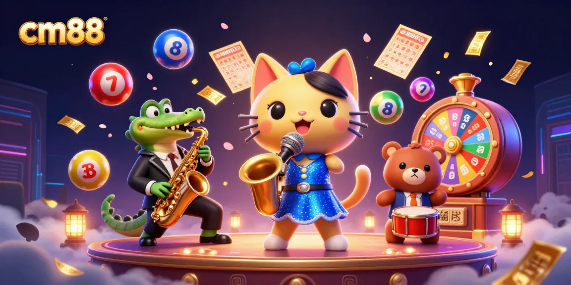 Engage in exciting games with cm88's vibrant animated casino scene featuring colorful lottery aspects.