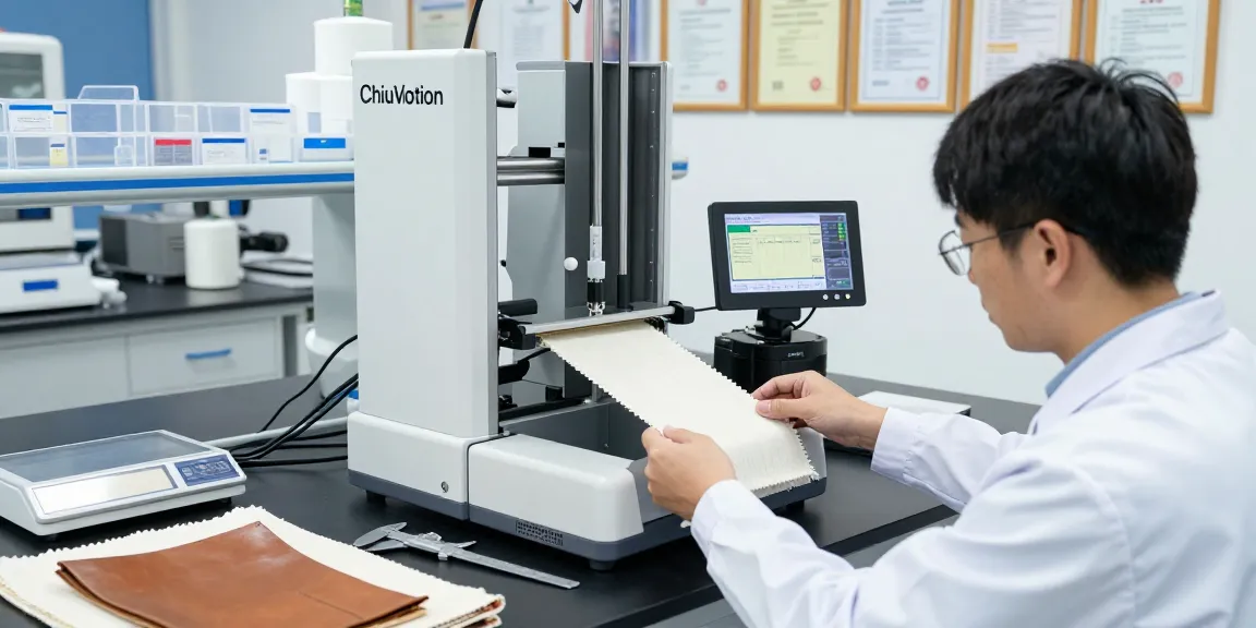 Researcher using ChiuVention tensile tester to measure fabric strength in a high-tech lab setting.