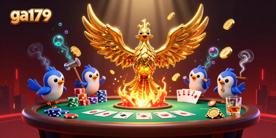 Experience thrilling poker action at ga179 with a molten golden phoenix and abundant casino elements.