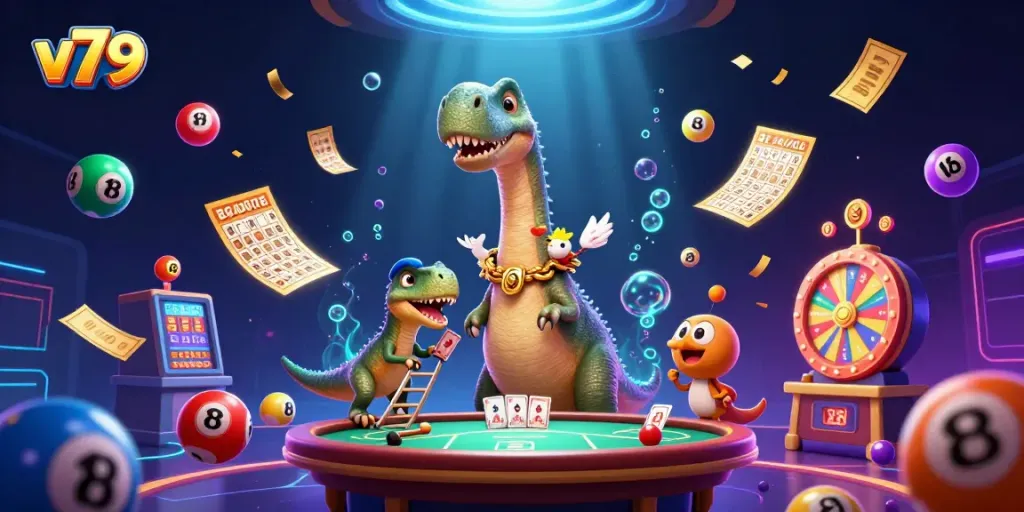 Experience thrilling gameplay at v79 with a vibrant cartoon brontosaurus overlooking a poker table in a dynamic casino scene.
