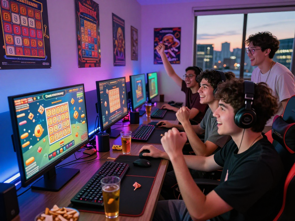 Dewatogel gaming celebration with friends enjoying lottery wins and vibrant graphics.