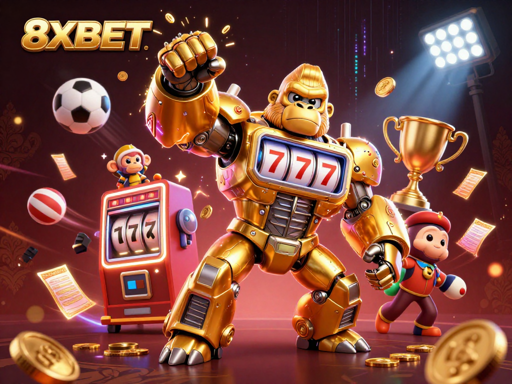 Experience thrilling sports action with 8XBET's dynamic gaming scene featuring golden gorilla mech.