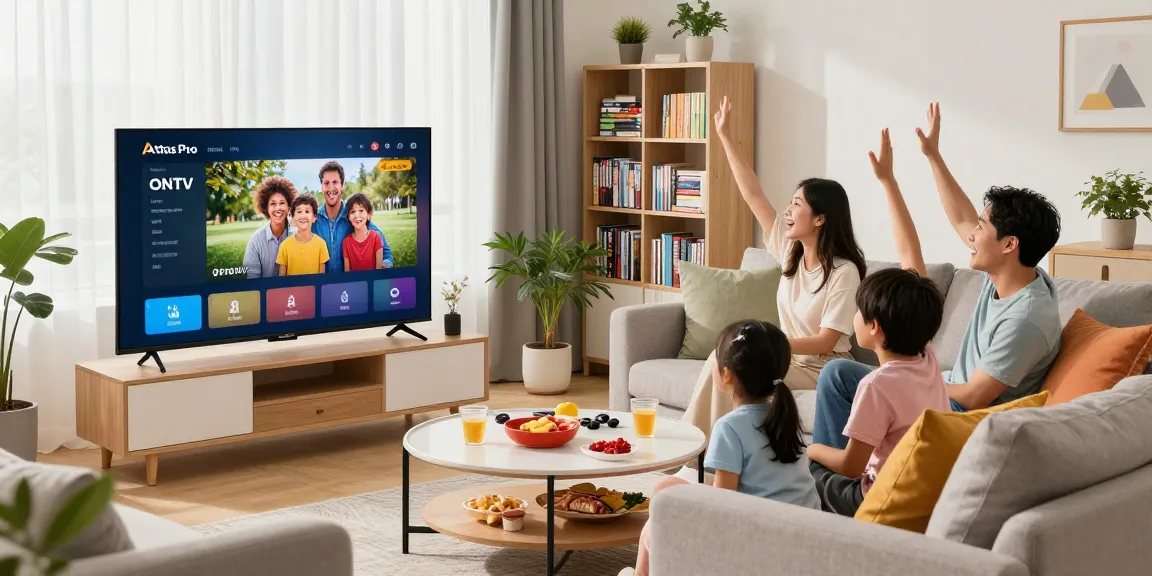 Family enjoying the Atlas Pro ONTV application for home entertainment in a cozy living room