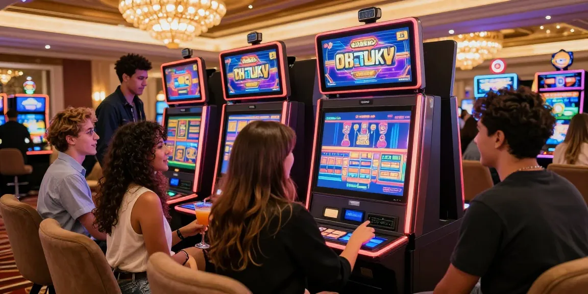 Friends enjoying สล็อตเว็บตรง at a luxurious casino slot machine, vibrant atmosphere and modern decor.
