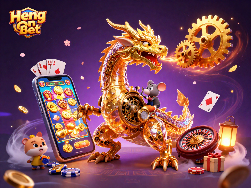 Experience the thrill of Heng Ong Bet with a golden dragon and exciting gaming elements in 3D.