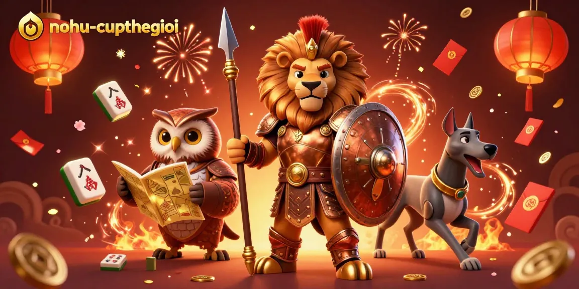 Nohucupthegioi captures the Spartan lion and owl strategist in an epic casino scene filled with vibrant game elements.
