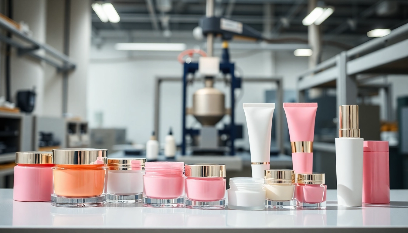Showcase of cosmetic contract packaging with professional elements and elegant products.