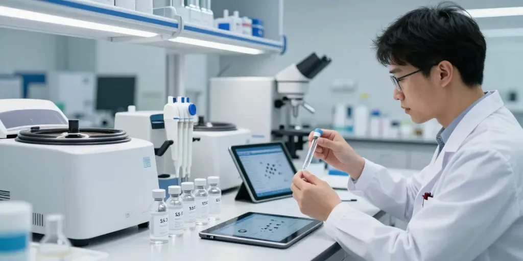 SS31 peptide buy in a professional lab environment with samples and equipment.