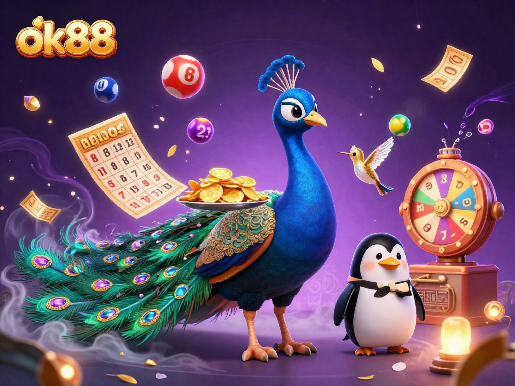 Engage with ok88's vibrant 3D scene featuring a peacock and a penguin surrounded by exciting lottery elements.