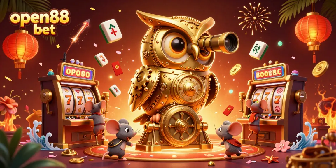 Experience the excitement of open88 bet; win big with a vibrant casino scene featuring a golden owl and slot machines.