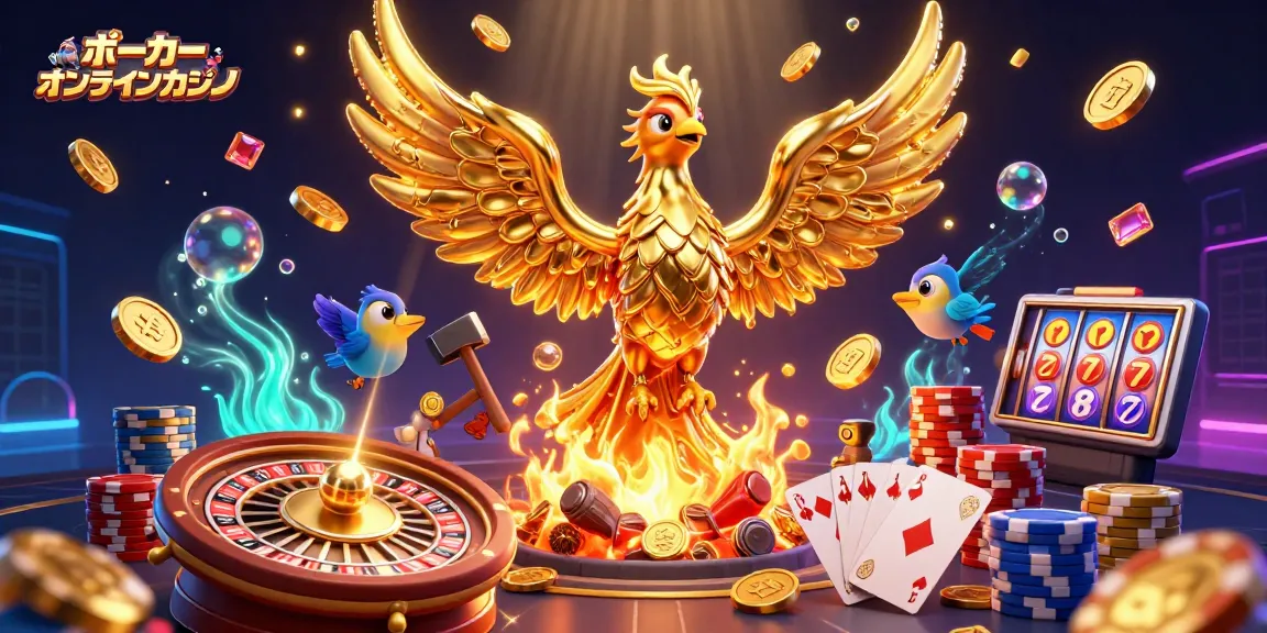 ポーカー オンラインカジノで楽しむために、豊富なゲーム要素が散りばめられた華やかなイラスト。