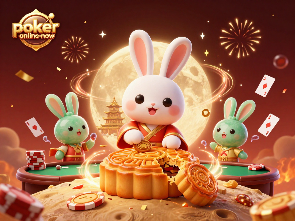 Poker-online-now showcases an enchanting scene with lunar rabbits revealing poker chips, portraying a vibrant online poker atmosphere.
