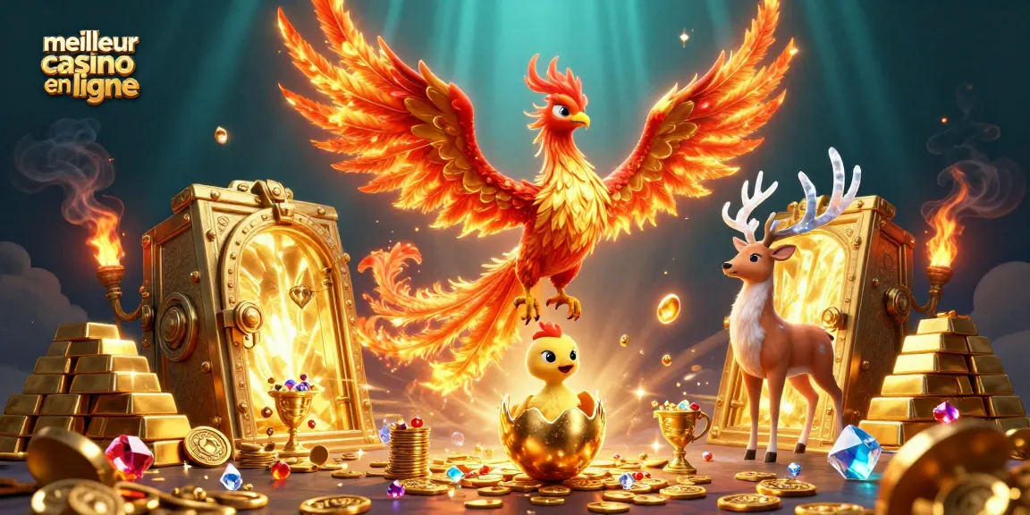 Gagnez au meilleur casino en ligne avec une scène dynamique illustrant un phénix en feu et des trésors étincelants.