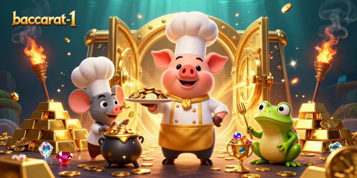 Baccarat-1 offers thrilling online gaming with a pig gourmet chef serving gold coins in an enchanting casino scene.