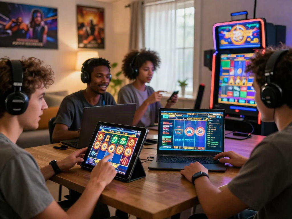 Engaged players enjoying Slot MAHJONGJP88 games on multiple devices in a cozy home setting.