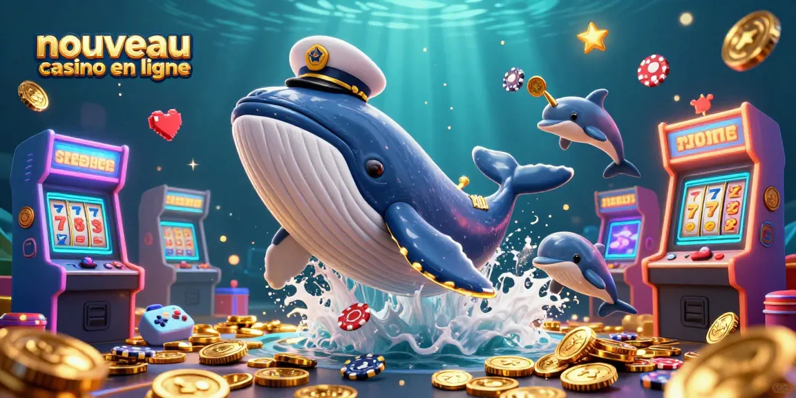 Illustration captivante représentant le nouveau casino en ligne avec une baleine et des dauphins jouant aux jeux de casino.
