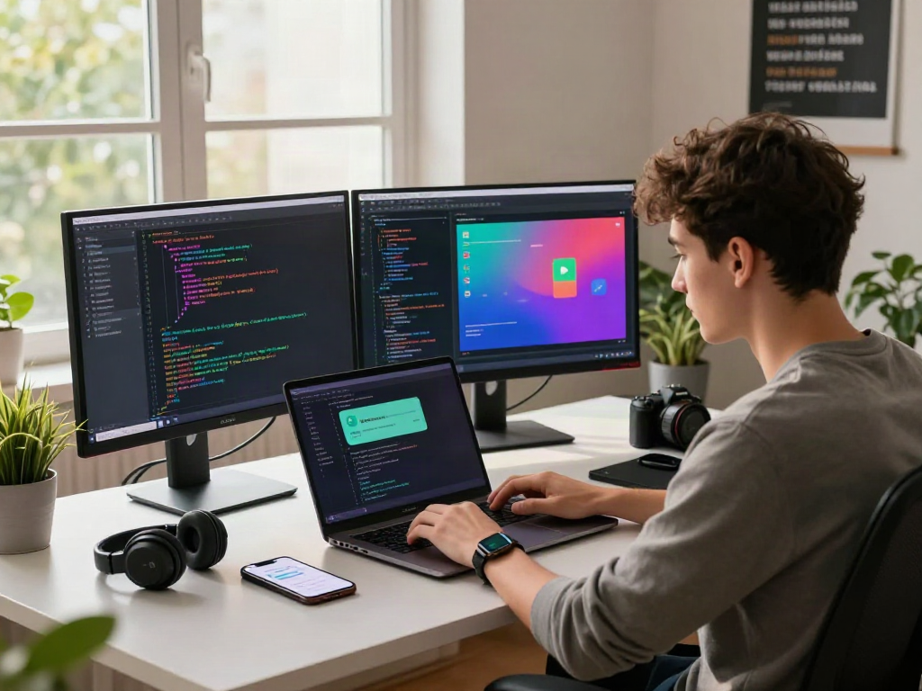 Developer coding gb whatsapp apk in modern workspace with dual monitors and tech gadgets.