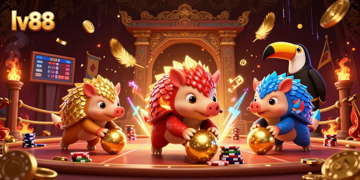 lv88 pangolins compete in a dynamic gambling showdown amidst poker chips and golden confetti.
