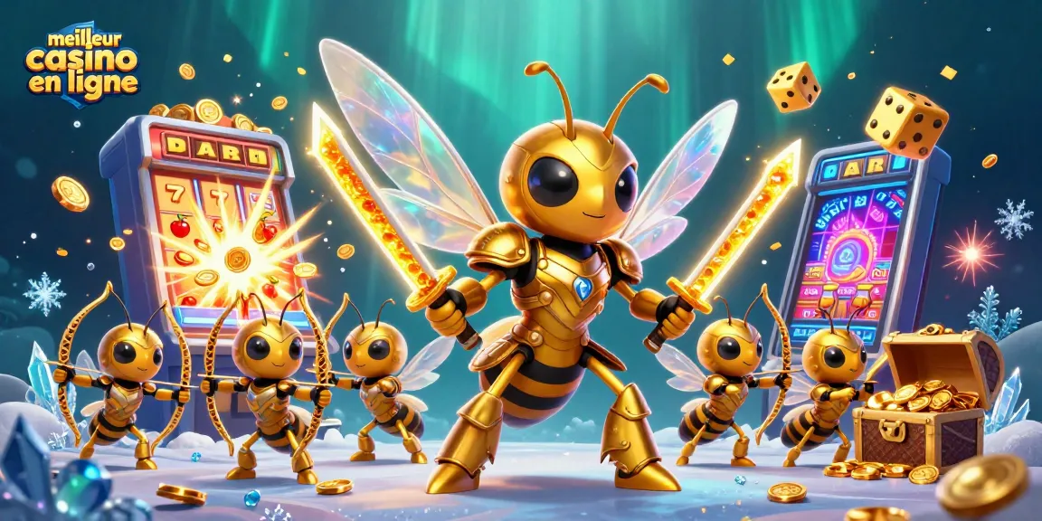 Faites le meilleur casino en ligne avec un géant hornet en armure de samouraï attirant des jackpots sous des lumières prismatiques.