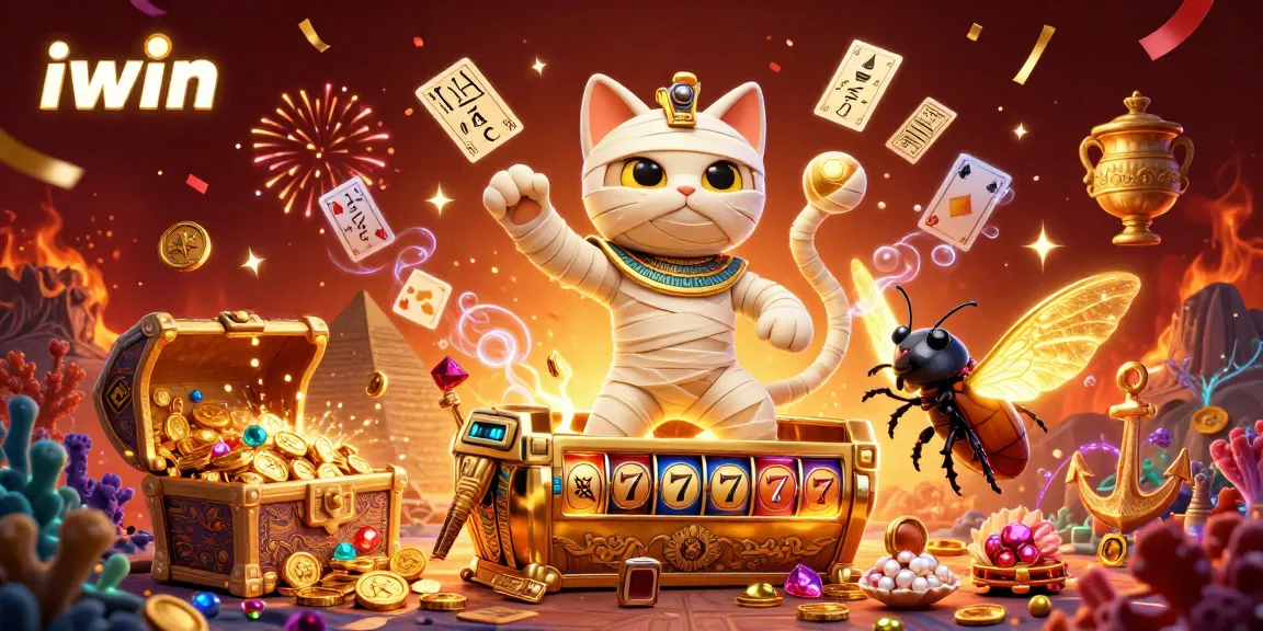 Experience the thrill of iwin in a vibrant casino with floating playing cards and treasure bursts.