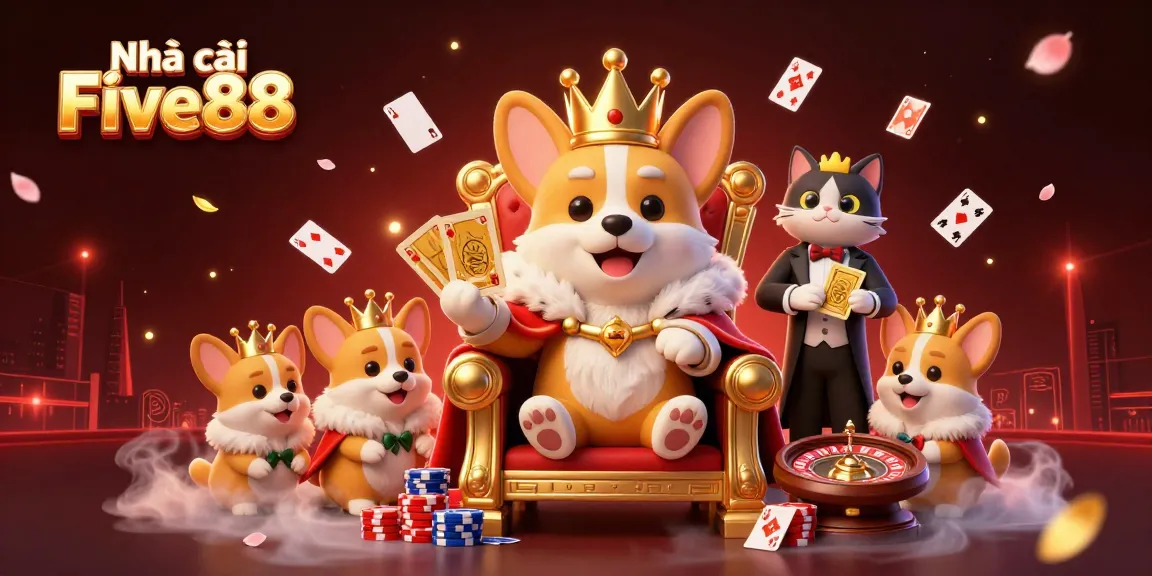 Play thrilling games at Nhà cái Five88 with a vibrant scene featuring royal corgi and lively casino elements.