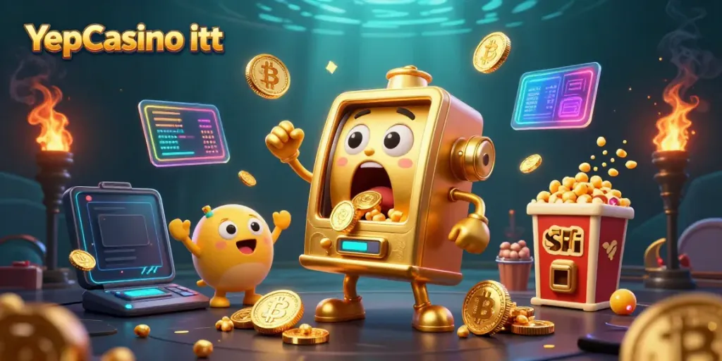 Örömmel játszó arany nyerőgép bemutatja a YepCasino élményét, elöntve érmékkel.