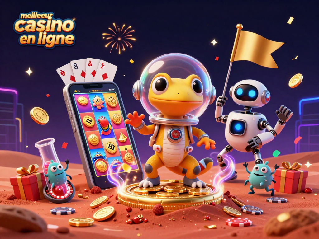 Découvrez le meilleur casino en ligne avec une scène dynamique et festive autour des jeux de casino.