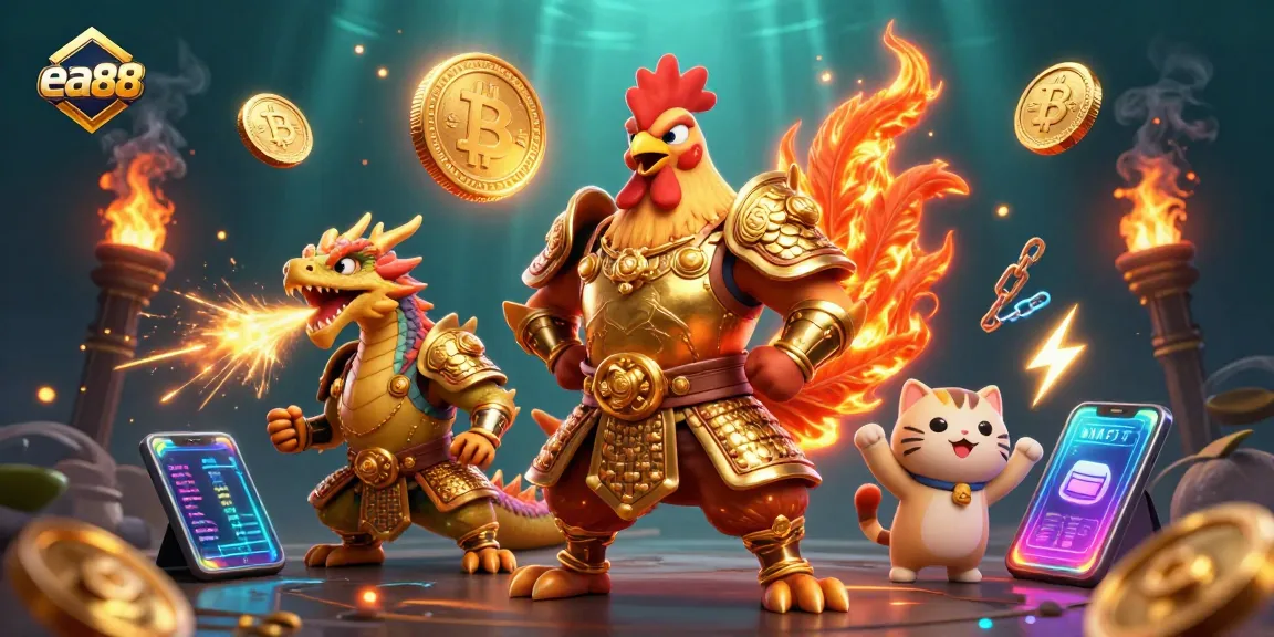 Engage in the thrilling world of ea88 with vibrant 3D cartoon characters amidst crypto elements and gambling excitement.